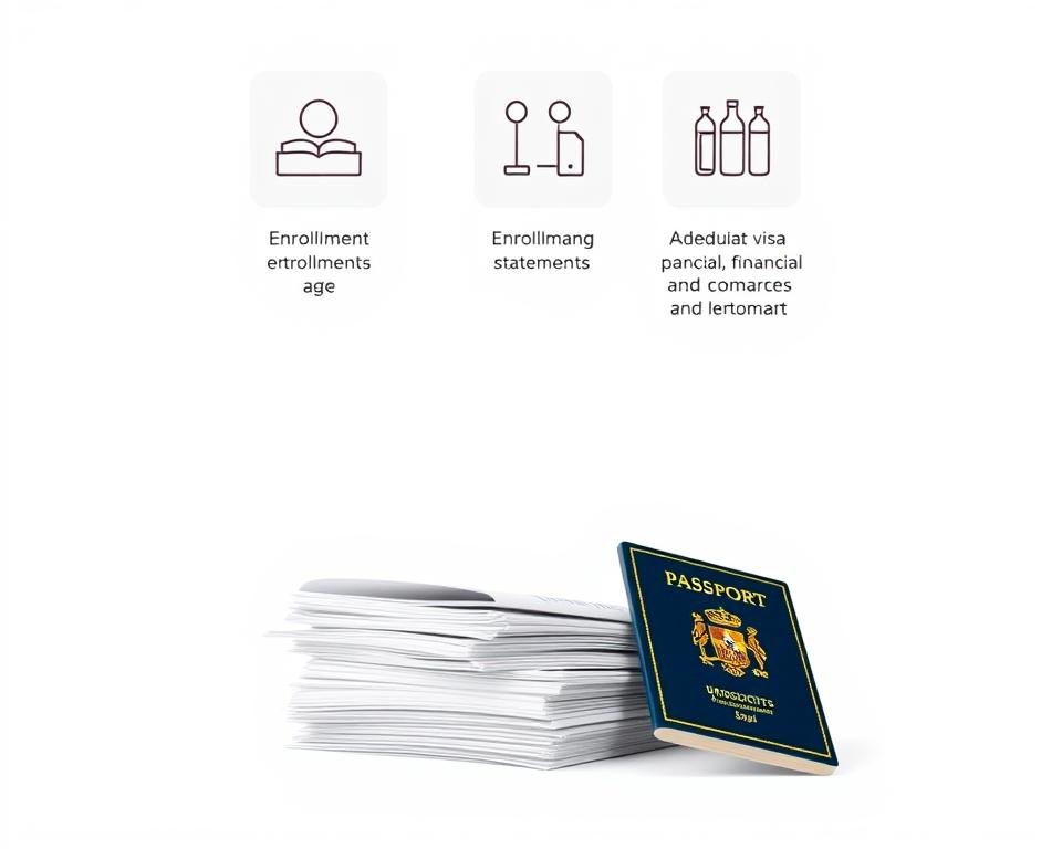 An airy, minimalist illustration depicting the key eligibility criteria for obtaining a student visa for Spain. A crisp, clean white background provides a serene canvas. In the foreground, a stack of carefully organized documents - transcripts, financial statements, passport - symbolizes the application process. Floating above, semi-transparent icons illustrate the core requirements: age, enrollment status, language proficiency, and sufficient funds. The overall mood is one of organization, clarity, and attainability, reflecting the process of securing a student visa for Spain.