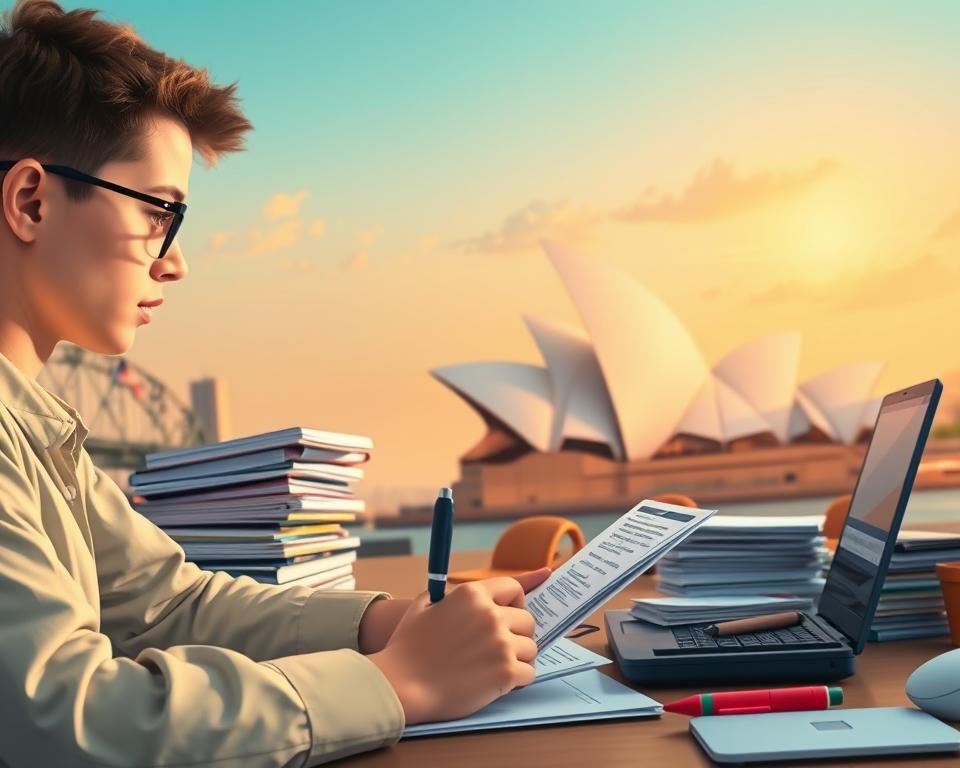 An application process in Australia, captured in a striking digital illustration. In the foreground, a student diligently fills out forms, their face focused and determined. In the middle ground, a stack of documents, a laptop, and various office supplies convey the diligence required. The background depicts the iconic Sydney Opera House, a symbol of Australia's cultural and educational landscape, casting a warm glow over the scene. The lighting is soft and diffused, creating a contemplative mood. The lens is slightly wide-angle, providing a panoramic view that emphasizes the importance and complexity of the application process for students seeking opportunities in Australia.
