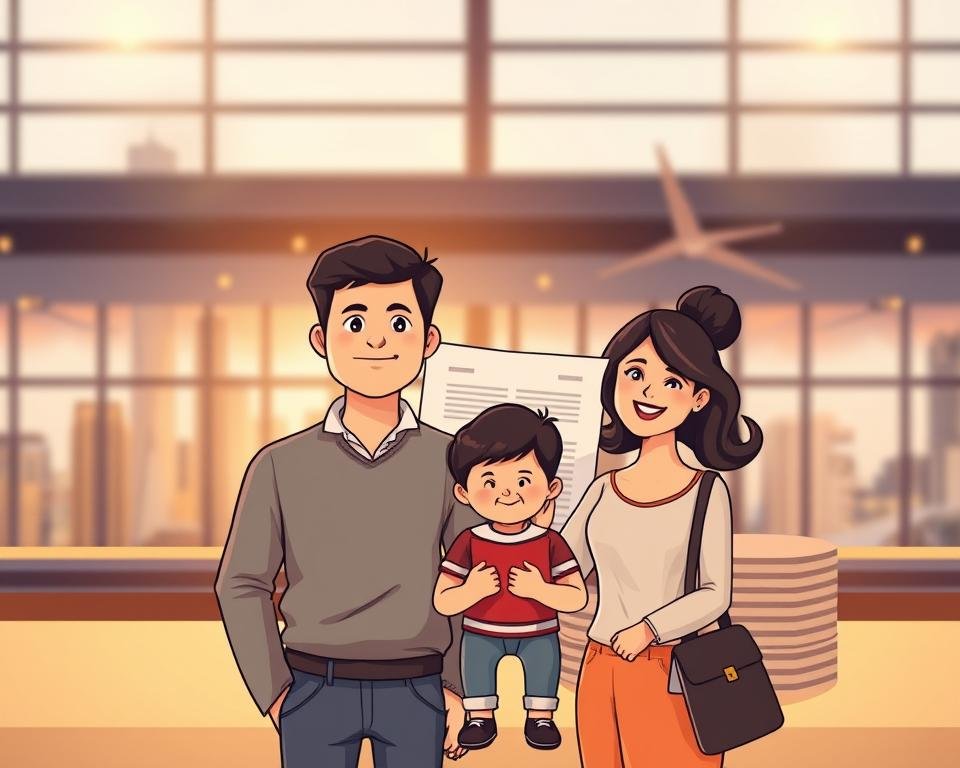An elegantly composed scene depicting the eligibility for dependent visas for the families of international students. In the foreground, a welcoming family - a couple and their child - stands before a backdrop of a modern city skyline, symbolizing their hopeful journey. The lighting is warm and inviting, casting a soft glow on their faces. In the middle ground, official government documents and forms are neatly arranged, hinting at the administrative process. The background features a subtly blurred image of an airport terminal, conveying the global nature of international student mobility. The overall mood is one of anticipation and inclusion, embodying the essence of dependent visa eligibility for the families of those studying abroad.
