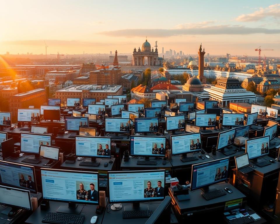 An expansive, panoramic view of the German remote job landscape, bathed in a warm, golden light. In the foreground, a diverse array of computer screens, each displaying different job postings and hiring platforms, reflecting the multitude of opportunities available to English-speaking professionals. The middle ground features a network of interconnected virtual office spaces, bustling with remote collaboration and communication. In the background, the iconic landmarks of major German cities like Berlin, Munich, and Hamburg, symbolizing the country's thriving economic hubs. The scene conveys a sense of dynamic growth, opportunity, and the seamless integration of global talent into the German job market.