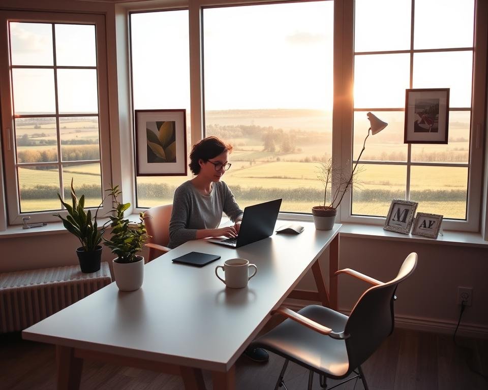 An office in Germany with a picturesque view of the countryside through large windows. A remote worker sits at a clean, minimalist desk, typing on a laptop with a mug of coffee nearby. The room is bathed in warm, natural lighting, creating a cozy and productive atmosphere. Framed art or plants add pops of color and personality to the space. The desk and chair blend seamlessly with the contemporary, Scandinavian-inspired decor. The remote worker appears focused and engaged, representing the growing remote job opportunities in Germany.