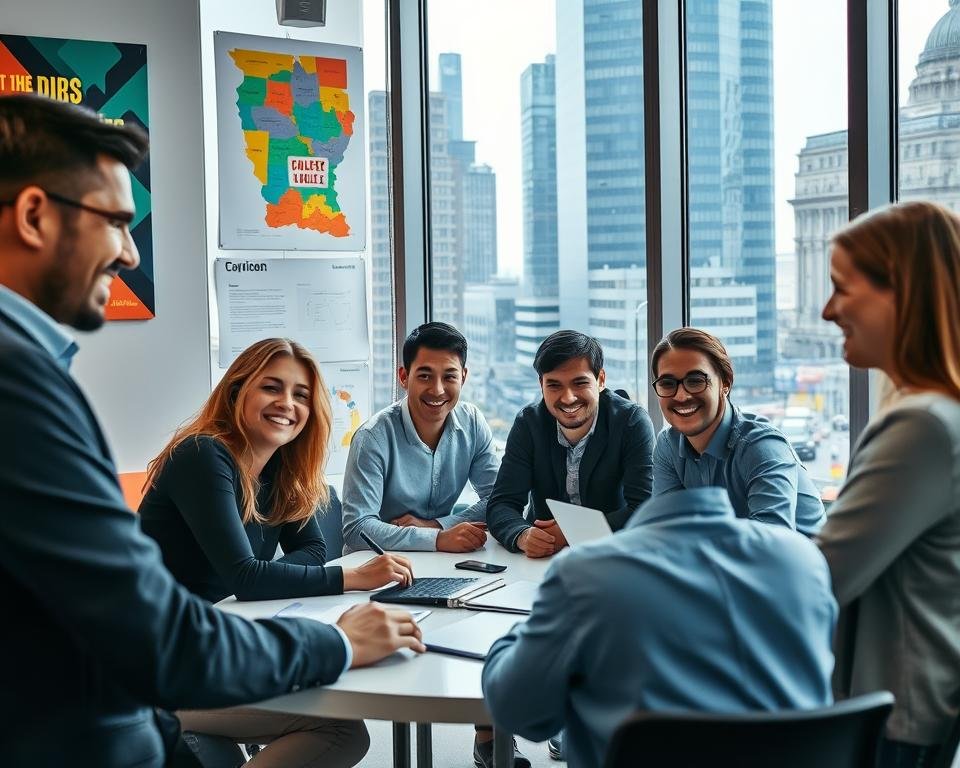 An office setting in Germany, with a diverse group of professionals from different nationalities collaborating on projects. In the foreground, a smiling team of engineers, designers, and data analysts, dressed in business casual attire, gathered around a conference table, engaged in a lively discussion. In the middle ground, the walls are adorned with vibrant, multicultural artwork and inspirational quotes, conveying an inclusive and welcoming atmosphere. The background features floor-to-ceiling windows overlooking the bustling streets of a modern German city, with towering skyscrapers and the iconic architecture of the region. The lighting is soft and natural, creating a warm and inviting ambiance. The overall scene exudes a sense of productivity, international collaboration, and the diverse employment opportunities available for non-German speakers in Germany.