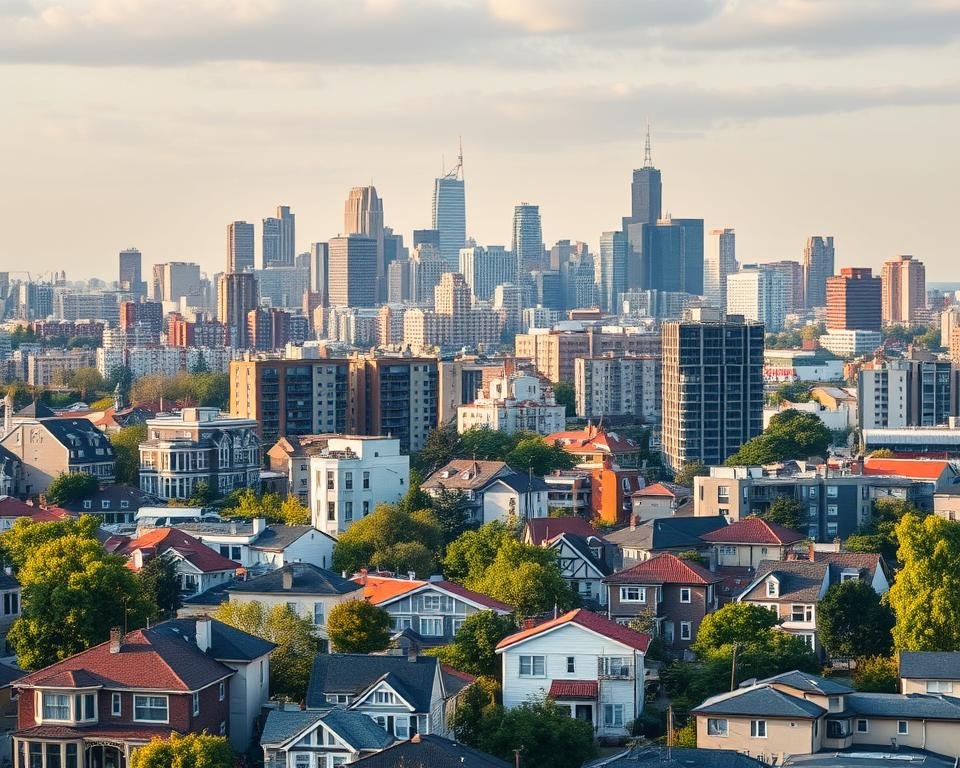 An urban landscape with a focus on various residential buildings, showcasing the key factors influencing housing costs. The foreground features a diverse mix of houses, apartments, and condos, each with distinct architectural styles, sizes, and amenities. The middle ground highlights public transportation options, parks, and commercial establishments, representing the influence of location and neighborhood on housing prices. The background depicts a cityscape with towering skyscrapers, bustling streets, and varying economic zones, emphasizing the impact of economic factors, demand, and supply on the overall housing market. The lighting is a combination of natural daylight and warm, diffused artificial illumination, creating a balanced and inviting atmosphere. The camera angle is slightly elevated, providing a comprehensive view of the scene and emphasizing the interconnected nature of the factors shaping housing costs.