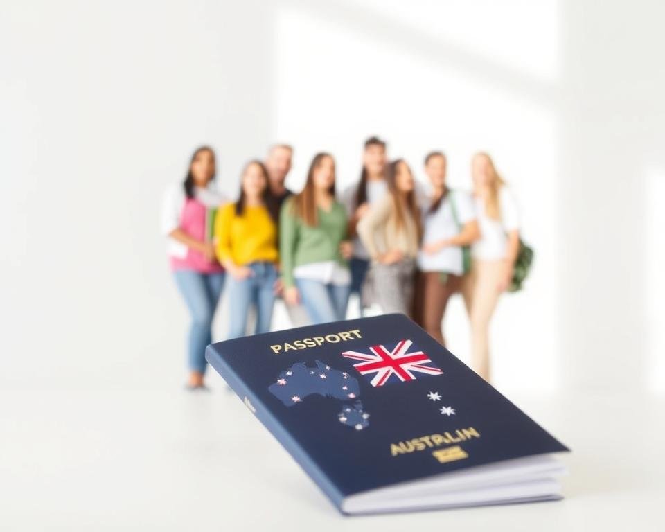 Australian student visa eligibility criteria, showcased in a clean, minimalistic style. In the foreground, a passport with the Australian flag, representing the official documentation required. In the middle ground, a group of diverse students in casual attire, symbolizing the international nature of the applicant pool. The background features a subtle outline of the Australian continent, emphasizing the geographical context. Lighting is soft and natural, creating a welcoming atmosphere. The composition is balanced, with a sense of order and professionalism, reflecting the structured process of obtaining a student visa.