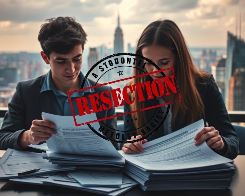 Detailed illustration of common student visa mistakes for post-study work, captured through a cinematic lens. In the foreground, a confused student struggling with confusing documents and forms. In the middle ground, an official stamp of rejection overlays the scene, conveying the consequences of these errors. The background depicts the bustling city skyline, hinting at the lost opportunities for career advancement. Soft, dramatic lighting casts shadows, heightening the sense of disappointment and frustration. Composed to evoke a sober, cautionary tone, encouraging viewers to learn from these missteps.