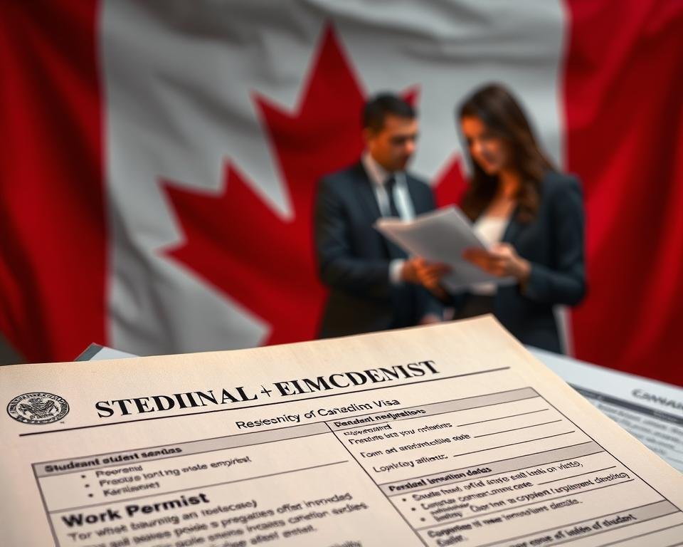 Detailed regulatory documents and official seals against a backdrop of the Canadian maple leaf flag. A student visa and work permit form in the foreground, illuminated by a warm directional light. In the middle ground, a businessperson reviewing paperwork with a student, conveying the complexity of navigating employment laws. The overall scene has a serious, official tone, reflecting the bureaucratic nature of student employment regulations in Canada.