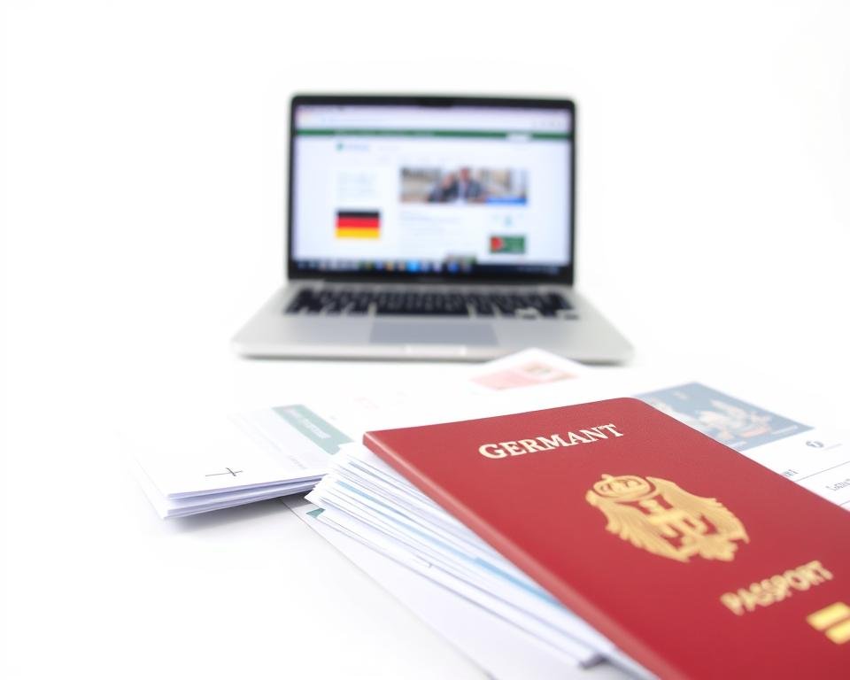 Detailed student visa application process for Germany, set against a crisp white background. In the foreground, a stack of documents, including a passport, application forms, and supporting materials, arranged neatly. In the middle ground, a laptop or tablet displaying a German government website, conveying the digital nature of the application process. In the background, a subtle pattern or texture, such as a watermark or faint grid, suggesting the official and formal nature of the documentation. The lighting is clean and even, casting minimal shadows, creating a sense of professionalism and efficiency. The overall mood is one of precision, organization, and the importance of a successful student visa application for studying in Germany.