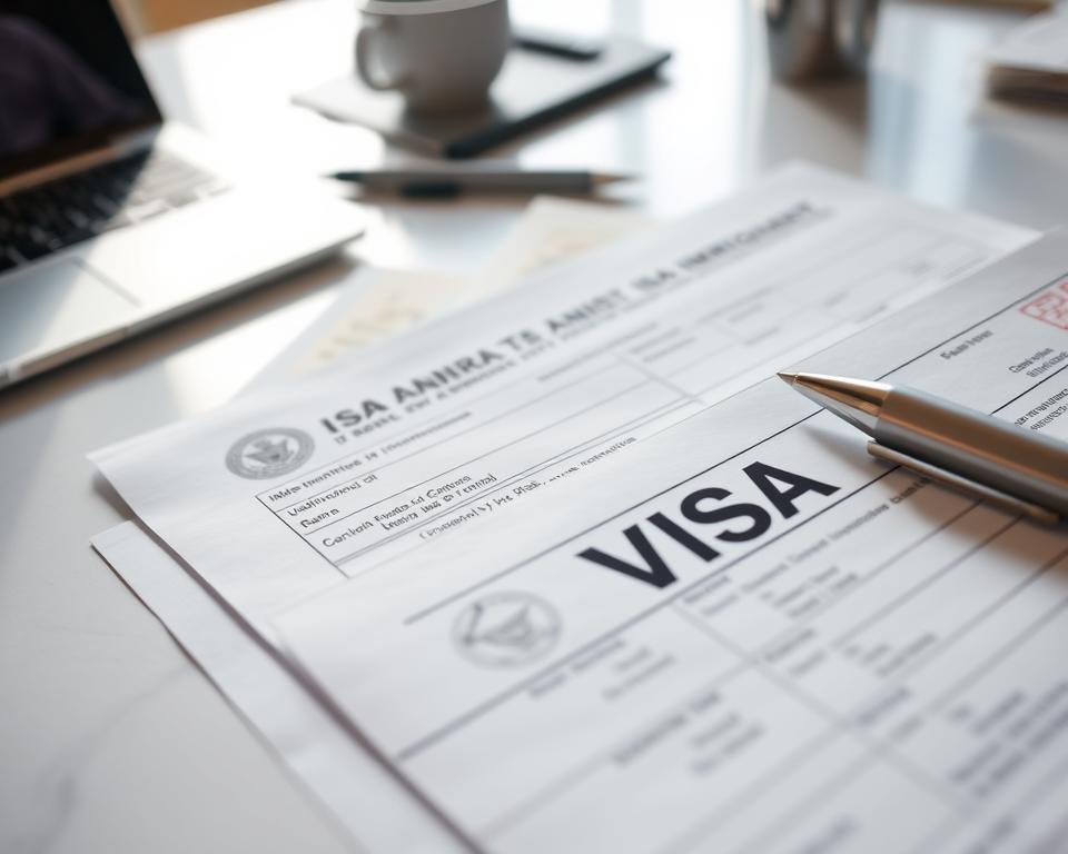 Detailed visa paperwork on a clean, organized desk under bright, directional lighting. Crisp, official-looking documents with precise, neatly printed text and clean edges, meticulously arranged. A sharp, professional-quality image capturing the importance of thorough, accurate record-keeping for secure immigration processes. Subtle background elements like a laptop and pen suggest a studious, administrative setting. The overall scene conveys a sense of precision, care, and attention to detail essential for navigating complex bureaucratic requirements.
