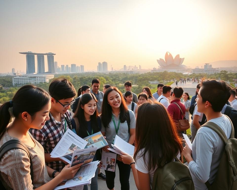 Overseas education guide: A panoramic view of a bustling international campus, with students from diverse backgrounds engaged in lively discussions under the warm glow of the afternoon sun. In the foreground, a group of enthusiastic prospective students pore over brochures and admission forms, while in the middle ground, a tour guide gestures animatedly, showcasing the state-of-the-art facilities. The background reveals a picturesque skyline, with modern high-rises and lush greenery, conveying the cosmopolitan atmosphere of this global learning hub. The scene exudes a sense of promise, opportunity, and the excitement of embarking on a transformative educational journey.