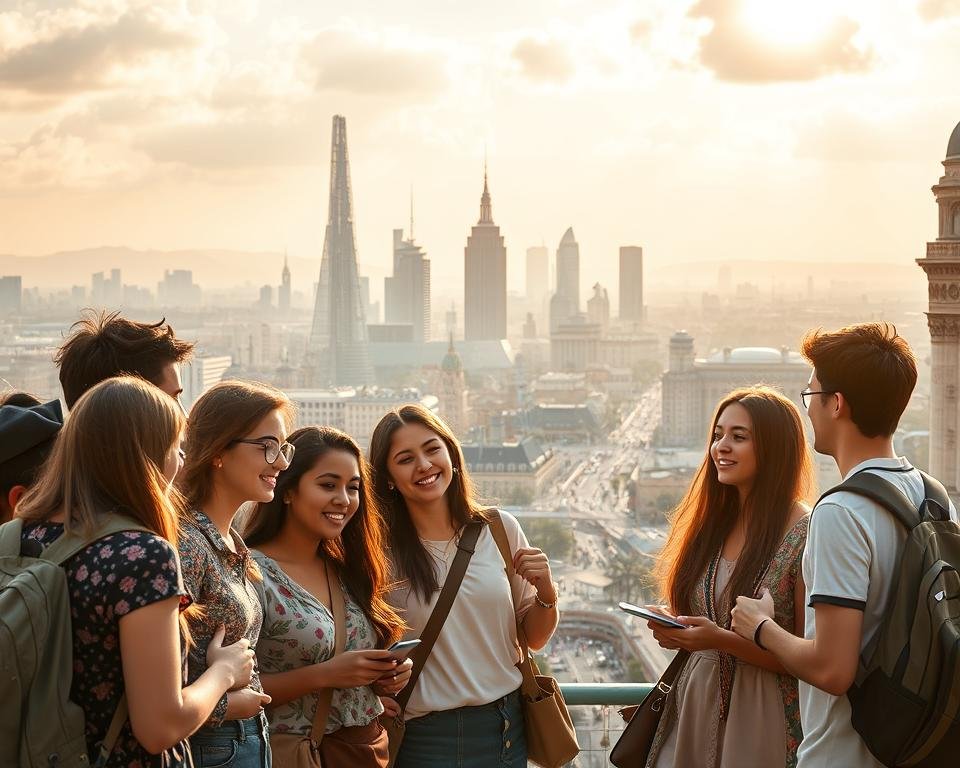 Prompt A vibrant, photorealistic scene capturing the life-changing benefits of studying abroad for international students. In the foreground, a group of diverse students engage in lively discussions, sharing cultural experiences and forging global connections. The middle ground features majestic cityscapes, iconic landmarks, and bustling streets, conveying a sense of exploration and discovery. The background is infused with warm, golden lighting, creating a dreamlike, inspirational atmosphere. The composition emphasizes the personal growth, intercultural understanding, and broadened perspectives that studying abroad can provide. Precise, high-detail rendering with a cinematic, widescreen aspect ratio.