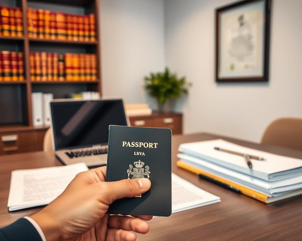 Requirements for student visa in Spain: A well-lit office interior with a neatly organized desk showcasing a laptop, a stack of documents, and a pen. In the background, a bookshelf filled with legal references and a framed certificate on the wall, suggesting an official setting. The lighting is warm and inviting, creating a professional yet approachable atmosphere. The foreground features a hand holding a passport, emphasizing the visa application process. The overall composition conveys the necessary information and documentation required for a student visa in Spain.