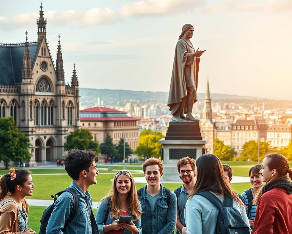 Scholarship opportunities in Germany: A picturesque campus scene, with grand neo-Gothic architecture and lush green landscapes. In the foreground, a group of international students engage in animated discussion, their faces alight with curiosity and enthusiasm. In the middle ground, a towering statue of a renowned German scholar stands as a symbol of academic excellence. The background reveals a bustling city skyline, hinting at the vibrant cultural and intellectual climate that draws scholars from around the world. The lighting is warm and inviting, casting a golden glow over the scene, conveying a sense of opportunity and potential.