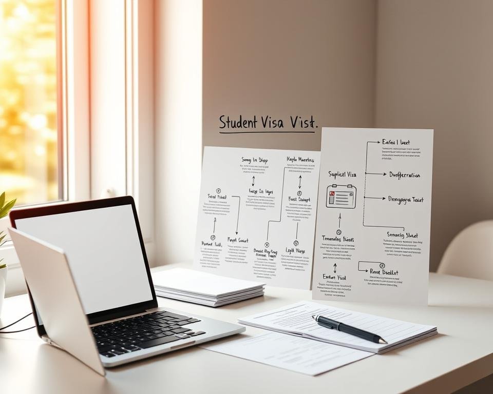 Vivid step-by-step guide for German student visa application. A clean, minimalist desktop scene with a laptop, documents, and a hand-drawn infographic depicting the visa process. Warm, natural lighting from a window casts a soft glow. The layout is well-organized and visually appealing, guiding the viewer through the key steps. Subtle textures add depth and authenticity. The overall mood is professional, informative, and reassuring, reflecting the importance of this document for international students.