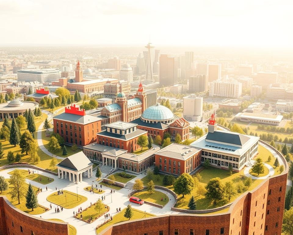 a 3D cutaway illustration of the canadian education system, highlighting the various levels and pathways. in the foreground, a detailed representation of a canadian university campus, with modern architecture, green spaces, and students exploring the grounds. in the middle ground, a panoramic view of the different educational institutions, from elementary schools to colleges and vocational training centers. in the background, a cityscape of canadian cities, with skyscrapers and landmarks, symbolizing the connection between education and the broader social and economic landscape. the scene is bathed in warm, natural lighting, creating a sense of optimism and progress. the overall composition conveys the comprehensiveness, accessibility, and quality of the canadian education system.