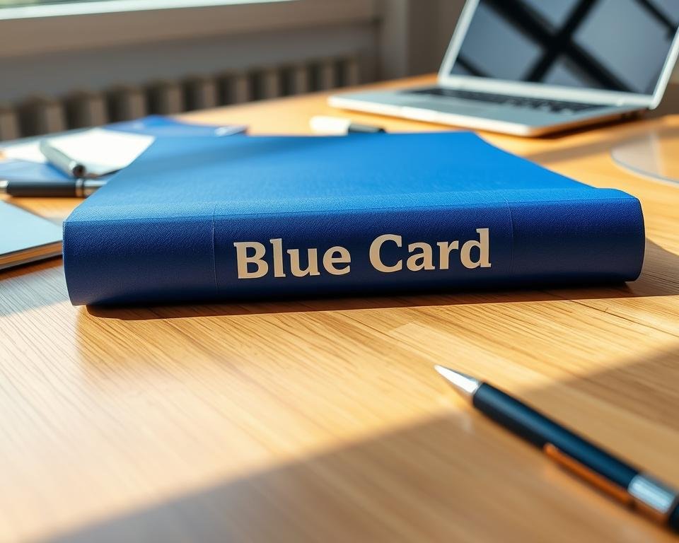 a blue government document folder with the words "Blue Card" printed on it, resting on a wooden desk with a pen, laptop, and other office supplies in the background; the document folder is in sharp focus, illuminated by natural daylight streaming in from a window, giving a sense of importance and professionalism; the overall scene conveys the process of applying for the Germany Blue Card, a work visa program for skilled foreign workers