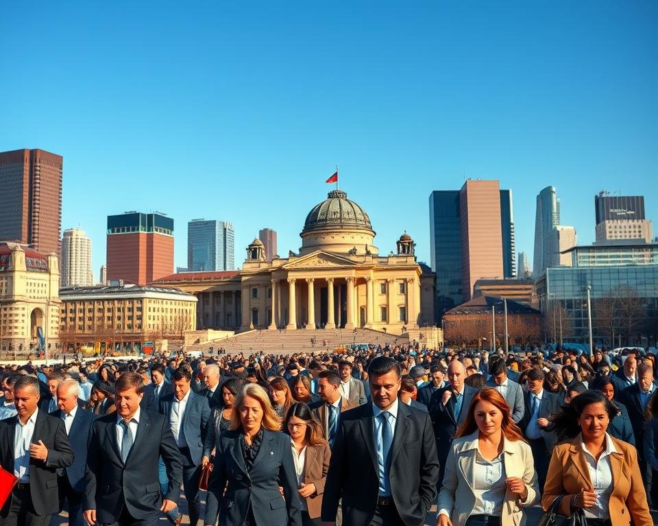 a bustling city skyline in Germany, with modern high-rise buildings and iconic landmarks like the Reichstag in the background, set against a clear blue sky. In the foreground, a diverse crowd of people in professional attire - men and women of various ages and ethnicities - walking purposefully, conveying the vibrant and dynamic nature of the German job market. The scene is bathed in warm, golden sunlight, creating a sense of opportunity and optimism. The overall atmosphere suggests a thriving, cosmopolitan business environment where multinational companies and ambitious professionals intersect.
