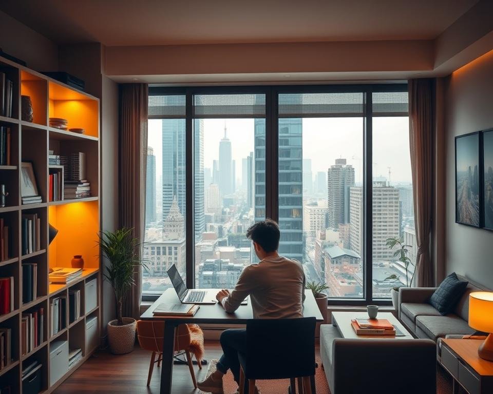 a comfortable, well-lit apartment interior with a large window overlooking an urban cityscape. in the foreground, a young international student studying at a desk, surrounded by bookshelves and personal belongings. the middle ground features modern, functional furniture and decor that create a sense of home. the background showcases skyscrapers and busy streets, representing the vibrancy of the city. the lighting is warm and inviting, with a combination of natural daylight and soft, indirect lighting. the overall atmosphere conveys a feeling of security, productivity, and connection to the surrounding community.