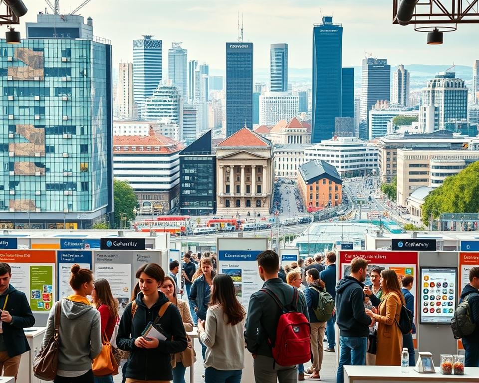 a detailed and realistic scene of job opportunities for students in Germany, depicted with a warm, inviting atmosphere. The foreground shows a group of young adults - students and professionals - engaged in a career fair, interacting with representatives from various companies and discussing potential job openings. In the middle ground, there are informational booths, displays, and signage highlighting different industries, internships, and employment prospects. The background features the bustling cityscape of a vibrant German metropolis, with modern architecture, public transportation, and a diverse community. The lighting is soft and natural, creating a welcoming and inspiring environment that emphasizes the dynamic career landscape available to students in Germany.