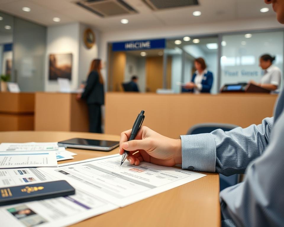 a detailed, hyper-realistic, 8K resolution image of the student visa application process depicted in a clean, organized, and informative manner. The foreground shows a person sitting at a desk, carefully filling out a visa application form with a pen. The middle ground features various supporting documents such as passport, photos, and financial statements neatly arranged on the desk. The background showcases the interior of an official immigration office, with professional staff assisting applicants and providing guidance. The lighting is soft and warm, creating a welcoming atmosphere. The camera angle is slightly elevated, capturing the entire scene with a sense of order and efficiency, reflecting the structured nature of the student visa process.