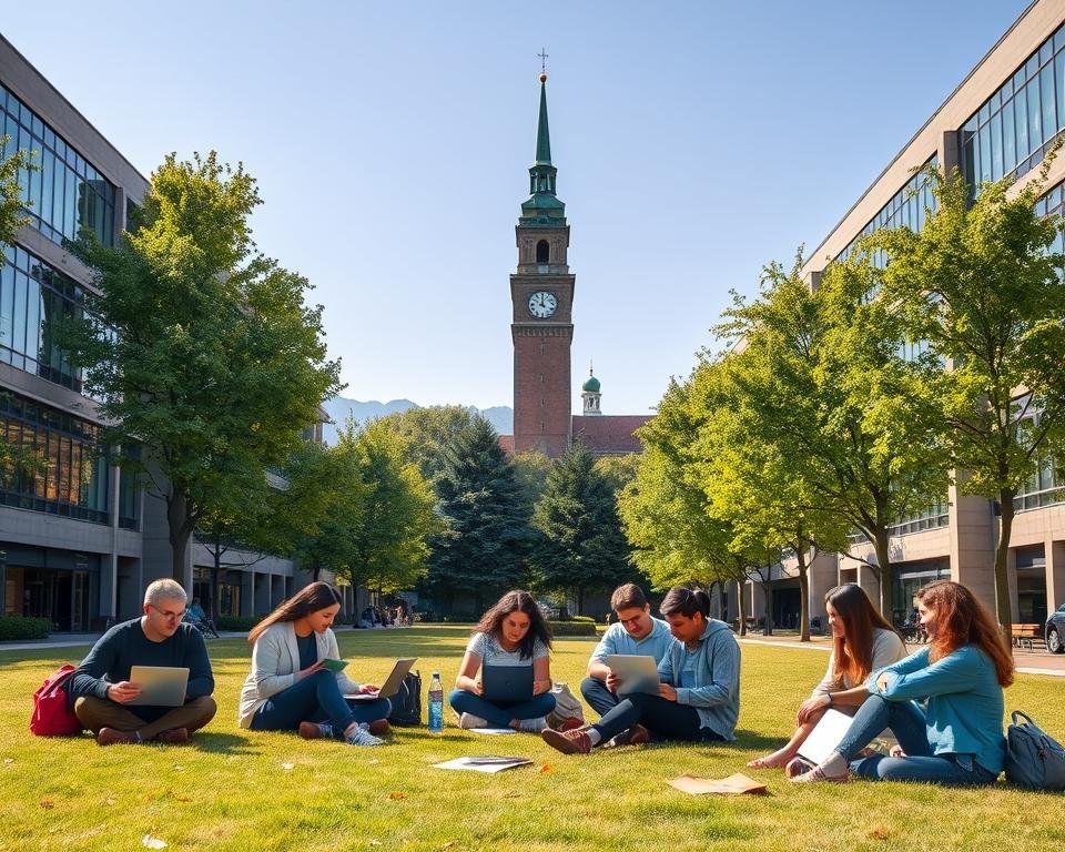 a detailed university campus scene in Germany, with modern academic buildings, libraries, and students studying outdoors under a sunny sky. The foreground features a group of international students sitting on a grassy quad, their laptops and textbooks open as they collaborate on a project. In the middle ground, a tall clock tower rises above the treetops, and in the background, the silhouettes of distant mountains are visible. The lighting is warm and natural, conveying a sense of productivity and tranquility. The angle is a slightly elevated perspective, capturing the scope and scale of the campus environment.