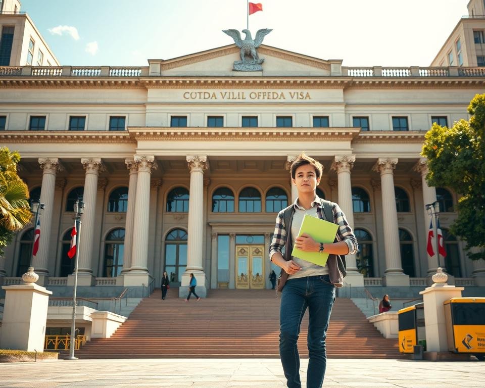 a vast government building with ornate columns and arched windows, its facade adorned with the national emblem, situated in a bustling city landscape. In the foreground, a young person standing before the entrance, clutching documents and wearing a determined expression, symbolizing the process of obtaining a student visa. Bright, warm lighting illuminates the scene, conveying a sense of hope and possibility. The composition emphasizes the grand, authoritative nature of the government office, juxtaposed with the individual's determined stride, reflecting the challenge and perseverance required to navigate the student visa process efficiently.