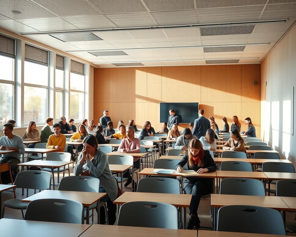 a well-lit classroom with rows of desks and chairs, sunlight streaming in through large windows, showing a diverse group of students actively engaged in their studies, some taking notes, others working on group projects, creating a vibrant, dynamic atmosphere that captures the essence of a student work program in Germany, with a focus on collaborative learning and practical application of knowledge