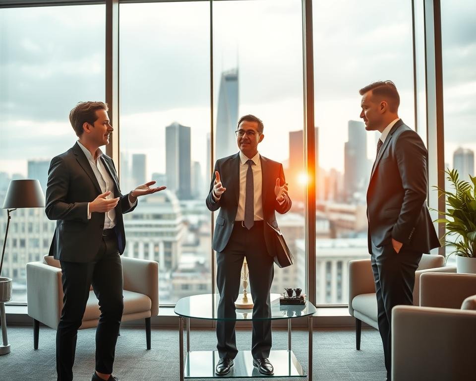 high paying jobs in Germany, featuring a modern office setting with stylish furniture, large windows, and a view of the city skyline in the background. In the foreground, three professionals, smartly dressed in business attire, are engaged in a collaborative discussion, gesturing animatedly. Warm, diffused lighting casts a professional and aspirational atmosphere, while a sense of dynamism and productivity pervades the scene. The image conveys the idea of thriving, high-income careers in Germany's commercial and financial sectors.
