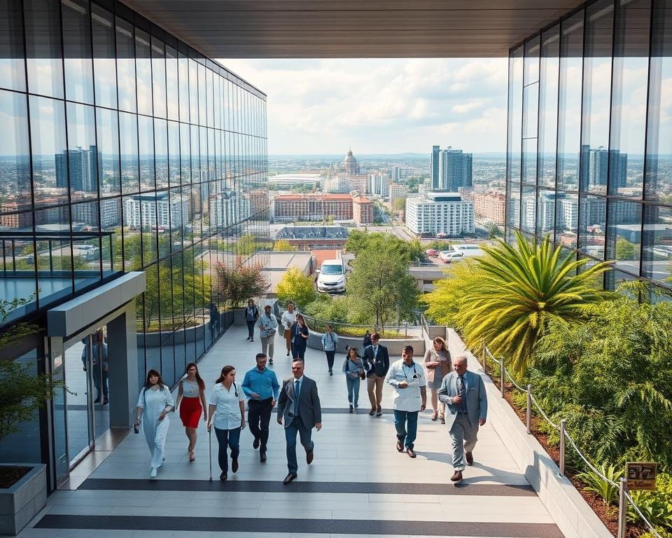 high-quality, detailed, photorealistic image of the German healthcare system, showcasing a modern hospital complex with sleek, glass-and-steel architecture, surrounded by lush, verdant landscaping. The foreground features a steady flow of patients, healthcare workers, and administrative staff entering and exiting the facility, conveying a sense of efficiency and professionalism. The middle ground highlights advanced medical equipment and technology visible through the large windows, while the background depicts the cityscape of a prosperous German metropolitan area, with iconic landmarks and infrastructure highlighting the country's economic and social development. The lighting is natural, with a warm, inviting tone, and the camera angle is slightly elevated, providing a comprehensive, panoramic view of the scene.