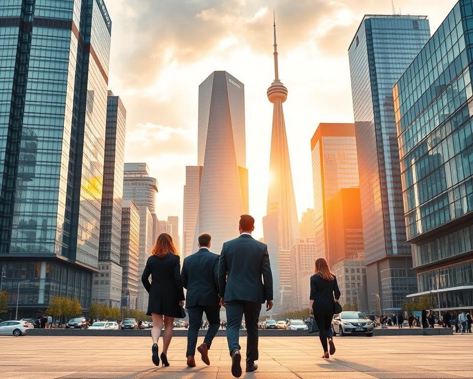 A bustling cityscape of modern high-rise buildings and sleek glass-and-steel structures, reflecting the dynamic career opportunities available to MBA graduates in Canada. In the foreground, a group of professionals in business attire, confidently striding towards the towering headquarters of multinational corporations. The middle ground features a diverse array of industries, from finance and technology to consulting and entrepreneurship, each offering a multitude of pathways for MBA-holders to excel. The background is illuminated by a warm, golden light, symbolizing the promising future that awaits those who pursue an MBA in this vibrant economic landscape.