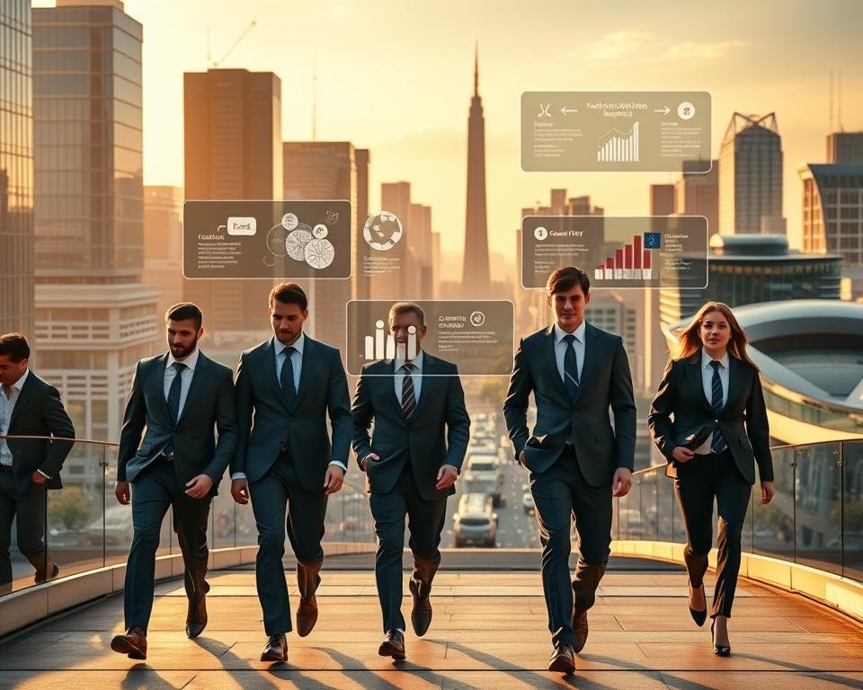 A bustling cityscape of modern high-rises and sleek office buildings, bathed in warm golden light. In the foreground, a group of ambitious-looking young professionals in tailored suits, confidently striding towards their next opportunity. In the middle ground, a series of floating screens and infographics highlighting the diverse career paths and lucrative prospects available to UK-based MBA graduates. In the distance, a towering monument or landmark, symbolic of the prestige and prestige associated with an advanced business degree. The overall atmosphere conveys a sense of opportunity, growth, and the endless possibilities that await those who have honed their skills and ambition through the pursuit of an MBA.