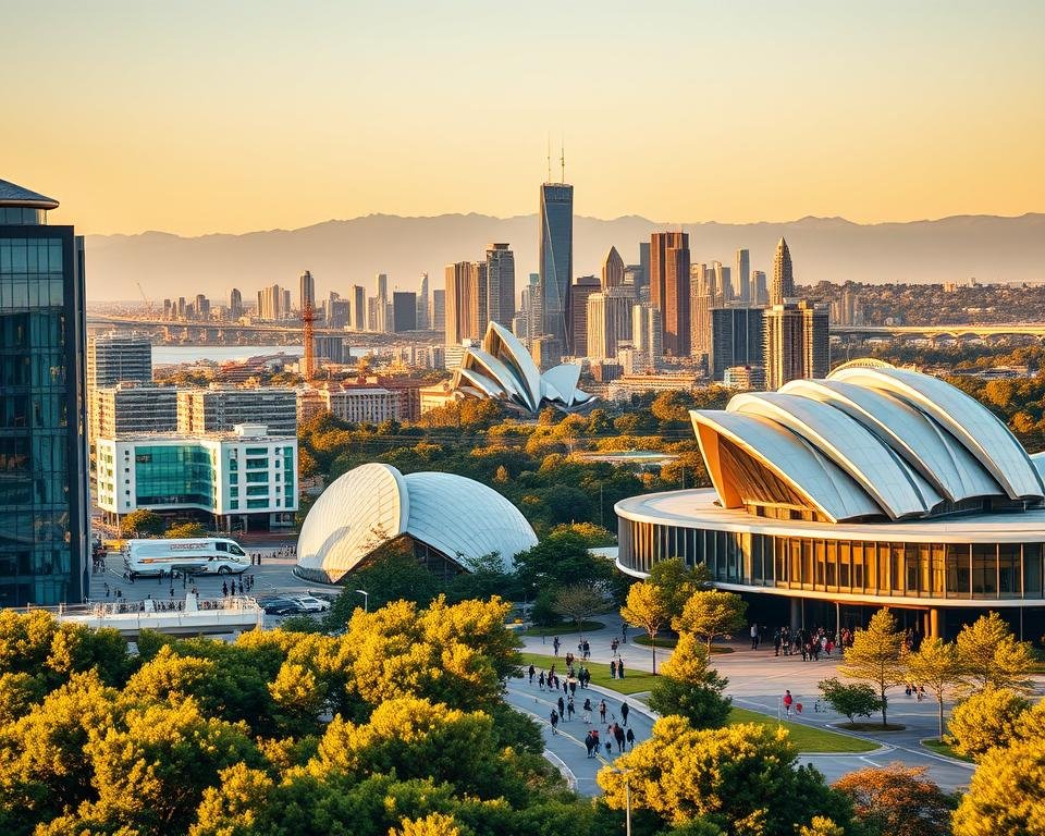 A bustling cityscape with high-rise buildings, modern architecture, and lush greenery in the foreground. In the middle ground, several prestigious-looking university campuses with sleek, contemporary design elements. Students and professionals are seen entering the campuses, signifying the thriving academic environment. The background features a panoramic view of the Australian skyline, bathed in warm, golden light from the setting sun, creating an inspiring and aspirational atmosphere. The image conveys the dynamism, innovation, and global appeal of Australian business schools, making it an ideal representation for the "Introduction to MBA Programs in Australia" section.