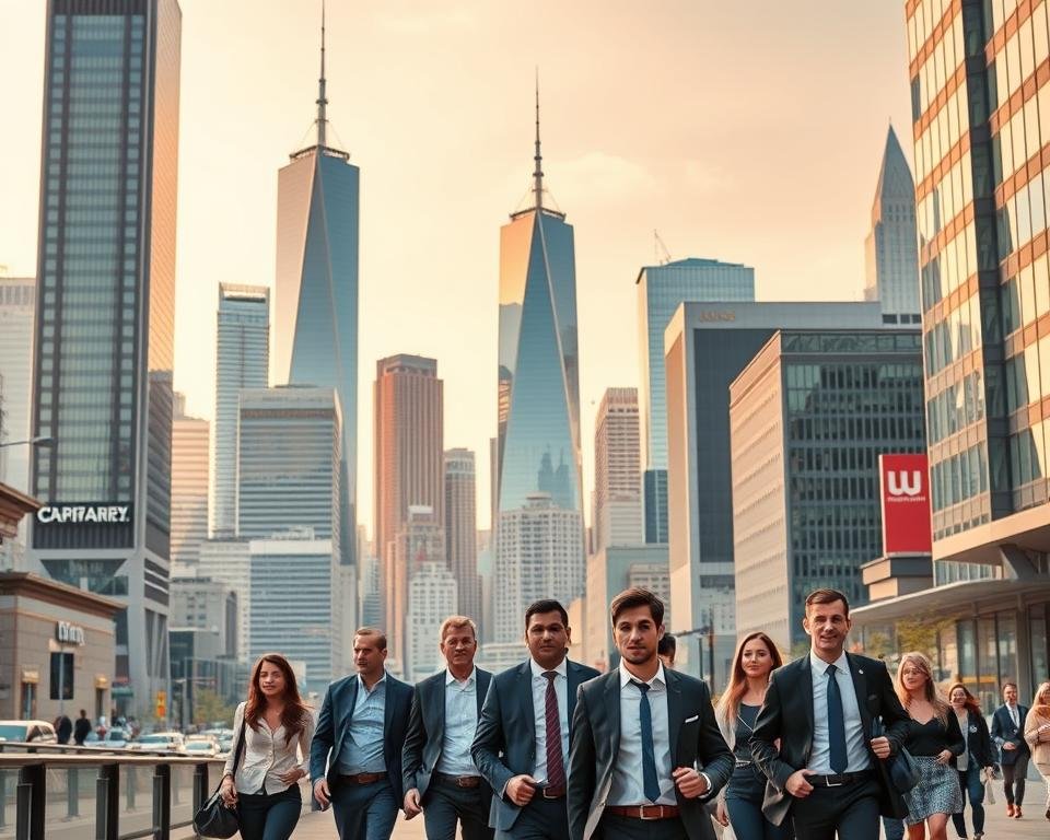 A bustling cityscape with towering skyscrapers and bustling streets, capturing the dynamic industries that eagerly hire MBA graduates. In the foreground, well-dressed professionals stride purposefully, their expressions conveying a sense of ambition and opportunity. The middle ground features various corporate headquarters, their modern architecture and sleek design reflecting the innovation and prestige of the organizations. In the background, a vibrant skyline with a mix of traditional and contemporary buildings, symbolizing the diverse range of industries that welcome MBA talent. Warm, golden lighting casts a welcoming glow, suggesting the promising future that awaits MBA graduates in this thriving business landscape.