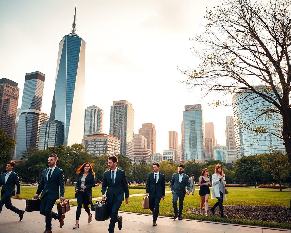 A bustling corporate skyline, gleaming glass towers reaching towards the sky, symbolic of the thriving business landscape in Canada. In the foreground, well-dressed professionals stride purposefully, briefcases in hand, representing the diverse range of high-powered MBA jobs - from strategic consultants to financial analysts, marketing executives to operations managers. The mid-ground features a serene park, where young graduates network and discuss their career aspirations, the promise of a bright future shining in their eyes. Warm, diffused lighting casts a sophisticated glow, conveying the prestige and opportunity inherent in the best MBA jobs in Canada.