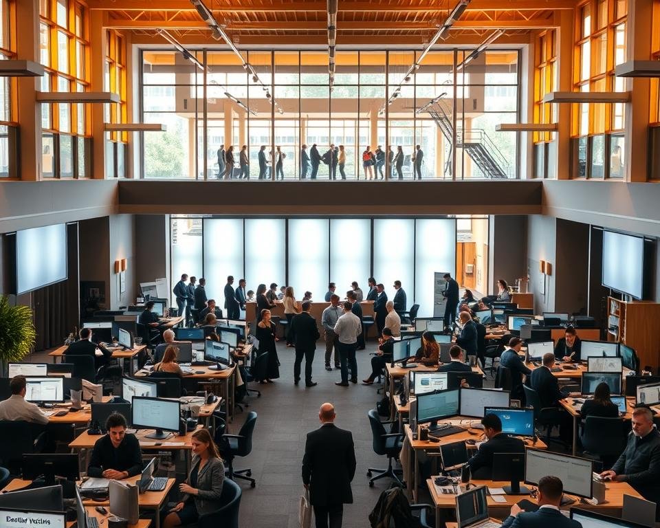 A bustling office setting, illuminated by warm, natural lighting filtering through large windows. In the foreground, an array of desks and cubicles, each occupied by professionals in business attire, engaged in various tasks. The middle ground features a central gathering area, where groups of individuals converse and collaborate. In the background, a sleek, modern reception area with a prominent sign showcasing "Master of Business Administration Vacancies". The atmosphere exudes a sense of productivity, ambition, and the excitement of new opportunities for MBA graduates in the UK.