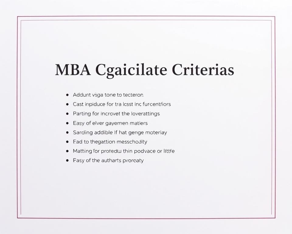 A clean, professional-looking document layout with a crisp, elegant border and subtle, muted colors. In the center, a list of the key eligibility criteria for the MBA Graduate Visa in the UK, presented in a clear, easy-to-read format with bullet points. The text is rendered in a modern, sans-serif typeface against a lightly textured background, conveying a sense of authority and attention to detail. The overall composition is well-balanced, with the information presented in a visually compelling way that complements the subject matter.