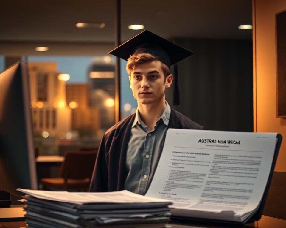 A dimly lit Australian government office, a young MBA graduate standing before a desk, contemplating their post-study work visa options. The scene is bathed in a warm, golden light, casting a sense of anticipation and opportunity. In the foreground, a stack of documents and a computer screen display information on visa requirements and application procedures. The middle ground features a thoughtful, focused expression on the graduate's face, reflecting the weight of the decision. The background is softly blurred, hinting at the broader context of Melbourne's urban landscape beyond. The overall mood is one of careful consideration, as the graduate navigates the complexities of securing their next steps in this new chapter of their career.