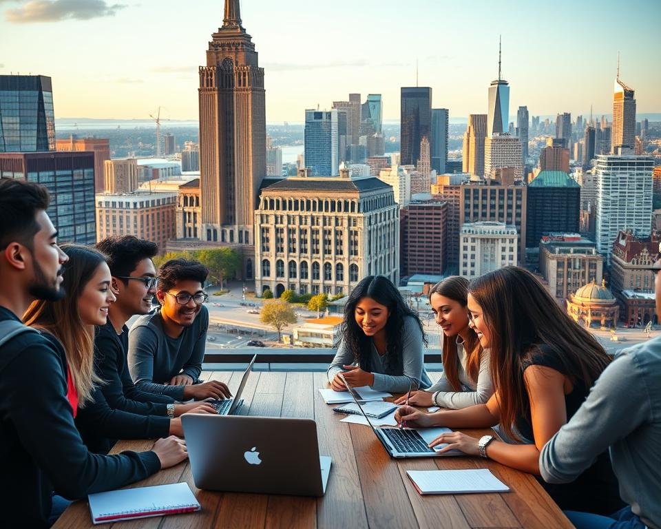 A high-contrast, wide-angle image showcasing the diverse opportunities of MBA scholarships in the USA. In the foreground, a group of international students, representing different ethnicities and backgrounds, gather around a wooden table with laptop computers and study materials. In the middle ground, a towering American university campus with its iconic architecture comes into focus, bathed in warm, golden-hour lighting. In the background, the skyline of a bustling American city, with skyscrapers and a vibrant cityscape, symbolizes the career prospects and global connections that MBA scholarships can unlock. The overall scene conveys a sense of academic excellence, community, and the promise of a transformative educational and professional journey.