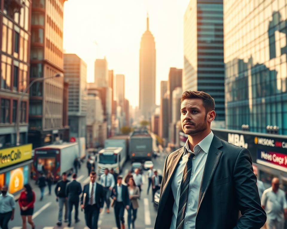 A high-quality, dynamic image depicting the importance of an MBA in the modern job market. Set in a bustling urban environment, the foreground features a well-dressed, confident professional navigating a complex web of career opportunities. The middle ground showcases a diverse array of successful business leaders, each embodying the skills and knowledge gained through an MBA program. In the background, a towering skyline represents the ambitious goals and boundless potential that an advanced business degree can unlock. Warm, directional lighting accentuates the ambitious, forward-looking atmosphere, with a cinematic depth of field guiding the viewer's gaze through the various layers of the composition. The overall scene conveys the transformative power of an MBA, empowering graduates to excel in the dynamic, highly competitive job market of the United States.