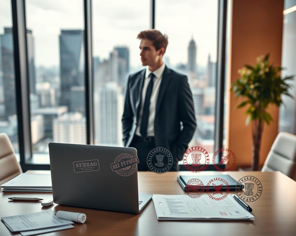 A high-quality image of the "Key Visa Options for MBA Graduates" in the UK. A sleek, modern office interior with a large window overlooking a busy city skyline. In the foreground, a neatly organized desk with a laptop, some documents, and a visual representation of various visa application forms and stamps. In the middle ground, a young graduate in a suit, contemplating the options before them. The background is softly blurred, creating a sense of focus on the central elements. The lighting is warm and natural, conveying a professional, aspirational atmosphere. The overall composition is balanced and visually striking, reflecting the significance of this important decision faced by MBA graduates in the UK.