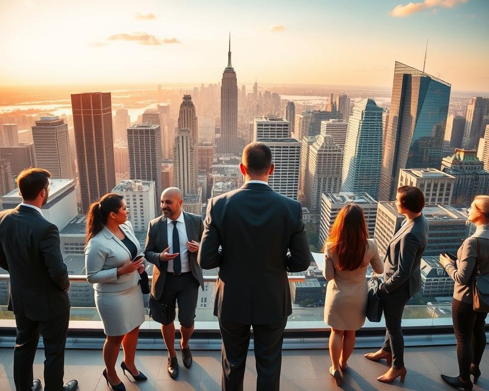 A high-quality, panoramic view of a bustling business district, showcasing the diverse career opportunities available to MBA graduates in the USA. The foreground depicts professionals in business attire, engaged in dynamic conversations and presentations, representing various industries such as finance, consulting, marketing, and entrepreneurship. The middle ground features towering skyscrapers and modern office buildings, reflecting the thriving economy and the demands for skilled MBA-level talent. The background is a vibrant skyline, bathed in warm, golden lighting that conveys a sense of opportunity and prosperity. The scene is captured with a wide-angle lens, emphasizing the breadth and depth of the MBA career landscape in the United States.
