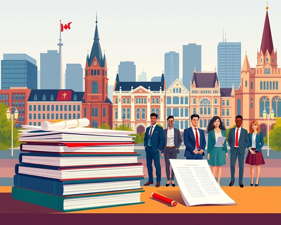 A modern, academic-themed illustration showcasing the admission requirements for MBA programs at prestigious Canadian universities. The foreground features a stack of folders, diplomas, and test papers, symbolizing the application materials. The middle ground depicts a group of diverse students in professional attire, representing the prospective MBA candidates. In the background, a row of iconic university buildings in a mix of contemporary and historic architectural styles conveys the prestigious academic setting. The lighting is warm and inviting, creating a sense of aspiration and opportunity. The overall composition and color palette evoke a tone of scholarly excellence, rigor, and the promise of career advancement.
