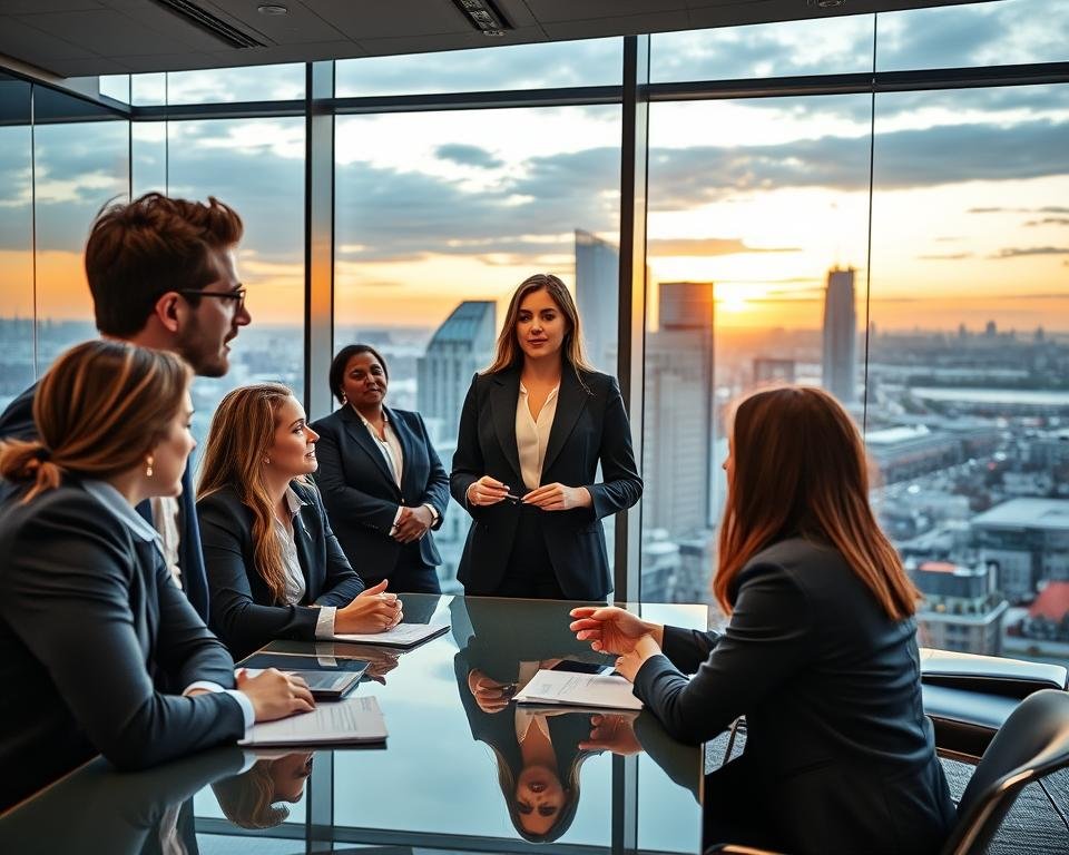 A modern, well-lit office setting showcasing a diverse group of professionals engaged in various business roles. In the foreground, a team of smartly dressed individuals collaborating around a polished conference table, their expressions focused and engaged. In the middle ground, a woman in a tailored suit presenting to her colleagues, her confident posture and gestures conveying authority. In the background, floor-to-ceiling windows offer a panoramic view of a bustling city skyline, the warm glow of sunset casting a professional, aspirational atmosphere. The scene captures the dynamism, teamwork, and strategic decision-making inherent in sought-after MBA careers in the UK.