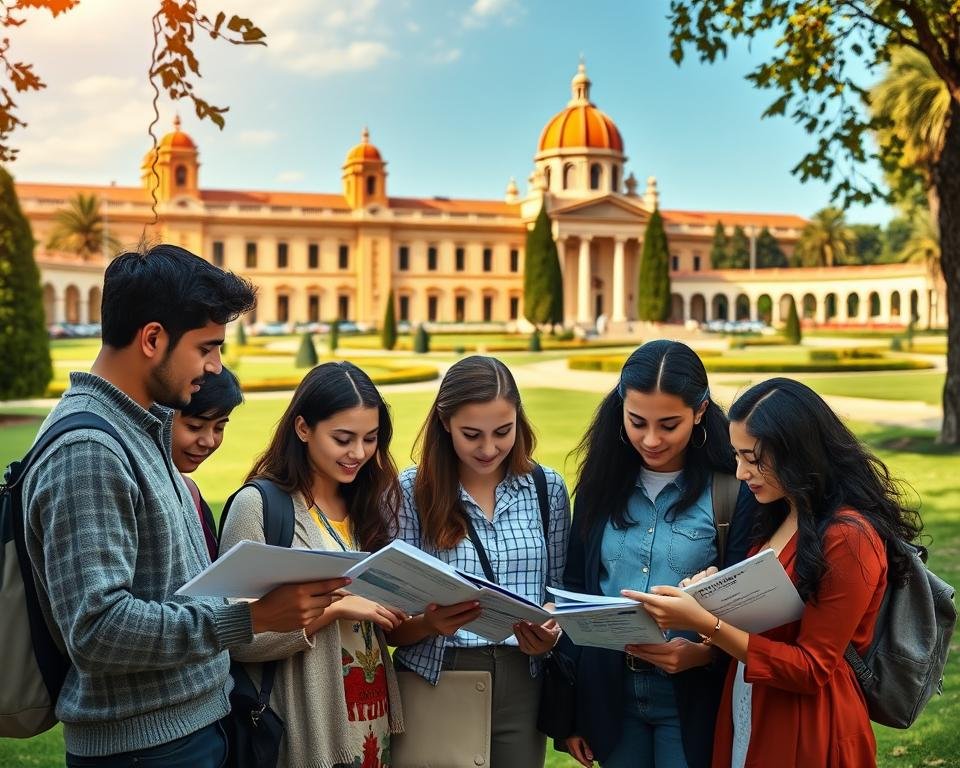 A picturesque campus setting in Spain, with stately government buildings and manicured lawns in the background. In the foreground, a group of diverse students pore over brochures and documents, discussing the various government scholarship opportunities available to them. Warm, natural lighting bathes the scene, creating a sense of optimism and opportunity. The composition is balanced, with a clear focal point drawing the viewer's attention to the students and the information they are exploring. The overall mood is one of diligence, hope, and the promise of a bright future enabled by the government's investment in education.
