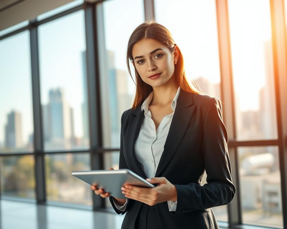 A professional young woman in a business suit stands confidently in an office setting, taking notes on a tablet. In the background, a modern city skyline is visible through large windows, symbolizing the new opportunities and career prospects available to MBA graduates in Australia. Warm, natural lighting illuminates the scene, conveying a sense of optimism and growth. The composition highlights the woman's poise and determination, reflecting the increased work rights and career flexibility granted by the post-study work visa for MBA holders in Australia.