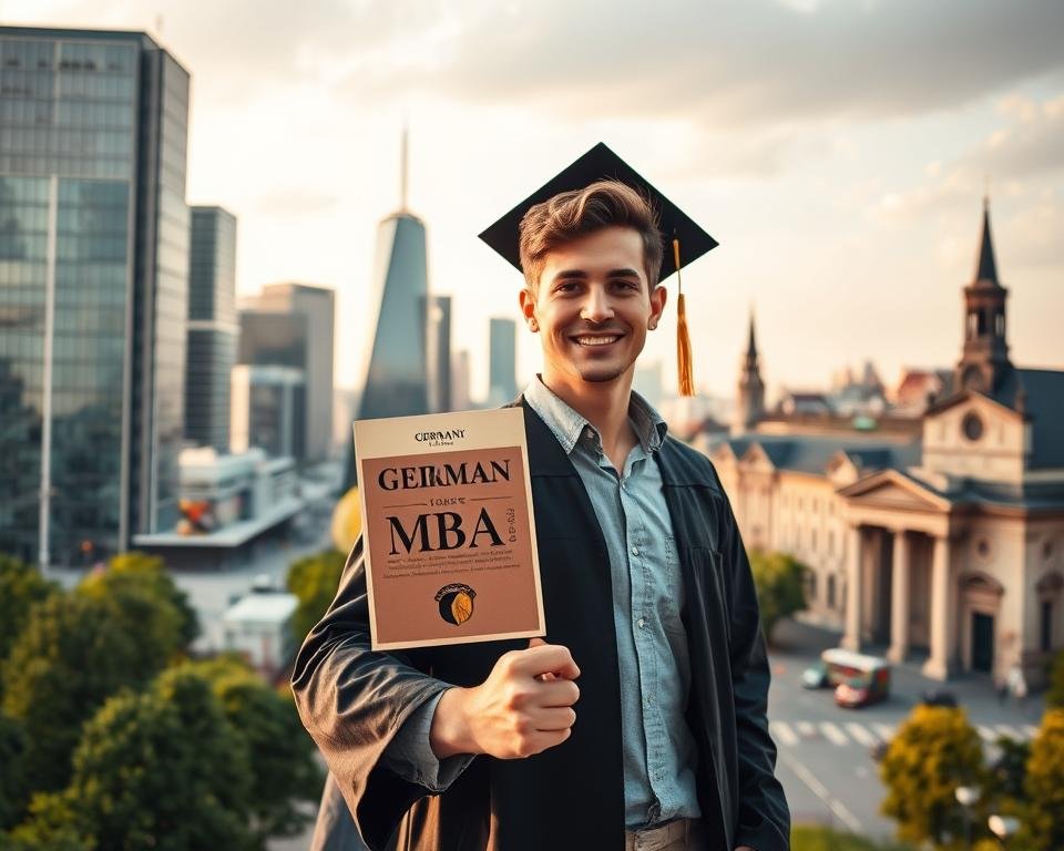 A scenic view of a bustling German city, with towering modern high-rises and historic landmarks in the background. In the foreground, a confident young professional, an MBA graduate, stands before an official-looking building, their hand gripping a gleaming work visa document - the key to unlocking new opportunities in Germany's thriving economy. Soft, warm lighting bathes the scene, conveying a sense of optimism and possibility as the graduate's future unfolds. The overall atmosphere is one of opportunity, growth, and the promise of a fulfilling career in the heart of Europe.