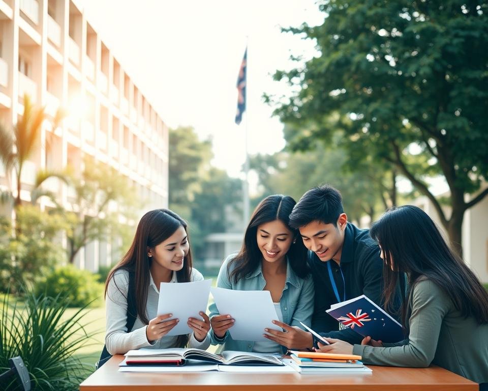 A serene campus scene with modern architecture, lush greenery, and a group of international students gathered around a desk, reviewing scholarship documents and brochures. Soft natural lighting filters through the windows, casting a warm glow on the students' faces as they discuss their educational funding options. In the background, a towering Australian flag stands proud, symbolizing the welcoming environment for global learners. The image conveys a sense of opportunity, collaboration, and the support available for international students seeking financial aid to pursue their MBA dreams in Australia.