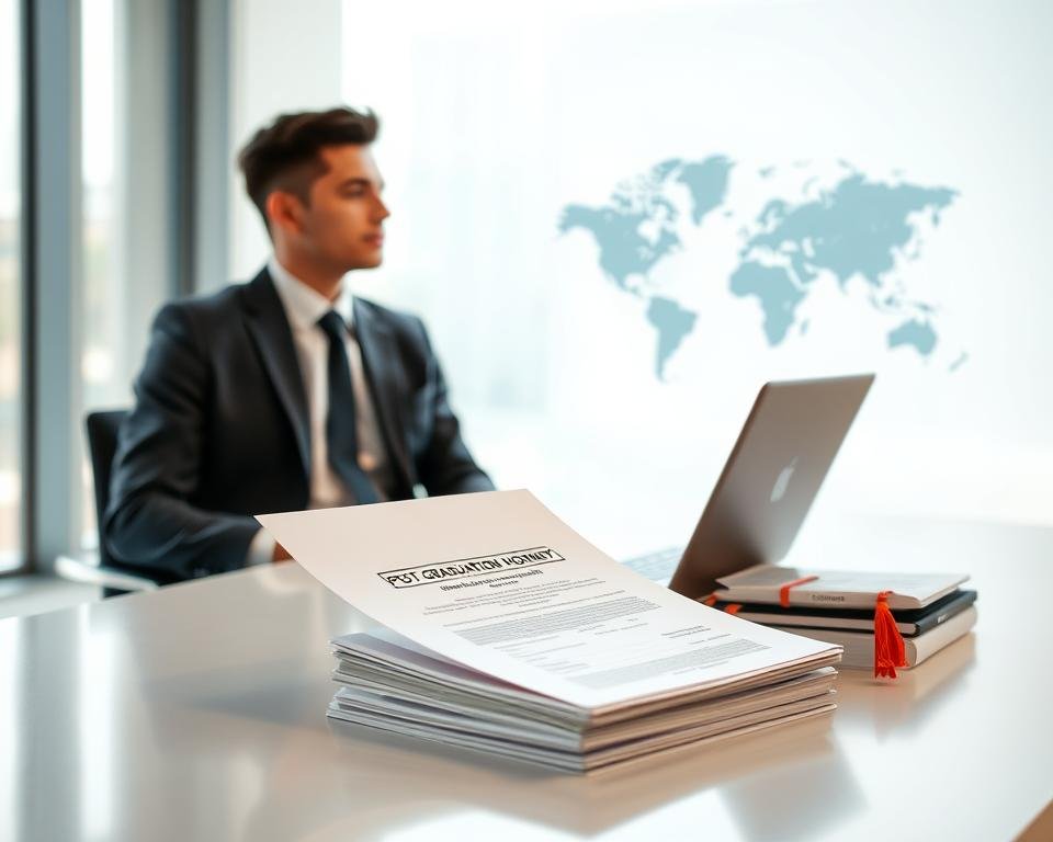 A serene office setting, illuminated by soft natural light from large windows. On a modern, minimalist desk, a laptop and a stack of official-looking documents, representing the post-graduation work permit. The graduate, dressed in a crisp suit, sits thoughtfully, considering the next steps in their professional journey. In the background, a stylized world map hints at the global opportunities available to those with this coveted permit. The mood is one of quiet contemplation, as the graduate navigates the transition from academia to the workforce, armed with the knowledge and skills gained during their MBA program in Canada.