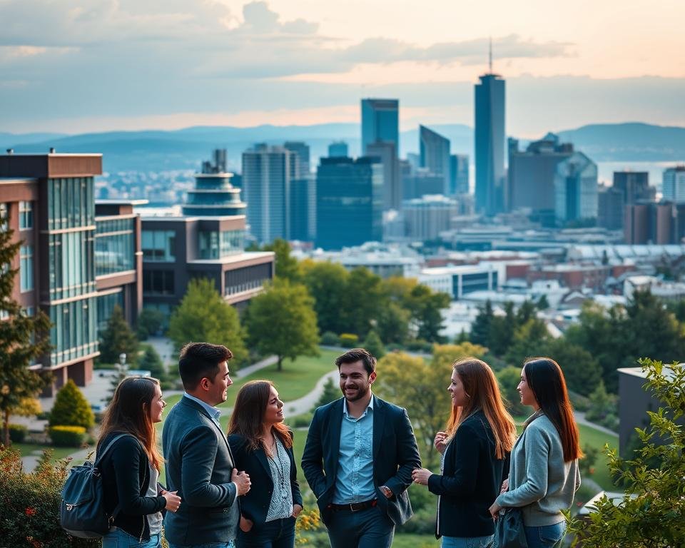 A serene university campus nestled in the heart of a bustling Canadian city, its modern architecture and verdant landscaping exuding an air of prestige and academic excellence. In the foreground, a group of aspiring professionals engaged in lively discussion, their faces alight with the promise of an MBA's transformative power. The middle ground reveals a skyline of towering skyscrapers, symbolizing the dynamic business landscape awaiting those who emerge from these hallowed halls. Soft, warm lighting casts a glow of opportunity, while a sense of purpose and determination permeates the scene, underscoring the importance of an MBA in shaping the future leaders of Canada.