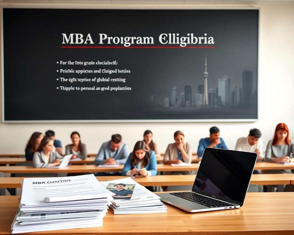 A spacious, well-lit classroom scene with a large chalkboard displaying the "MBA Program Eligibility Criteria" in clean, elegant typography. In the foreground, a stack of university brochures and a laptop showcasing application forms. The middle ground features a group of diverse, attentive students taking notes, while the background depicts the iconic skyline of a major Canadian city, hinting at the global opportunities an MBA can provide. The overall atmosphere is one of academic rigor, professionalism, and the promise of personal and professional growth.