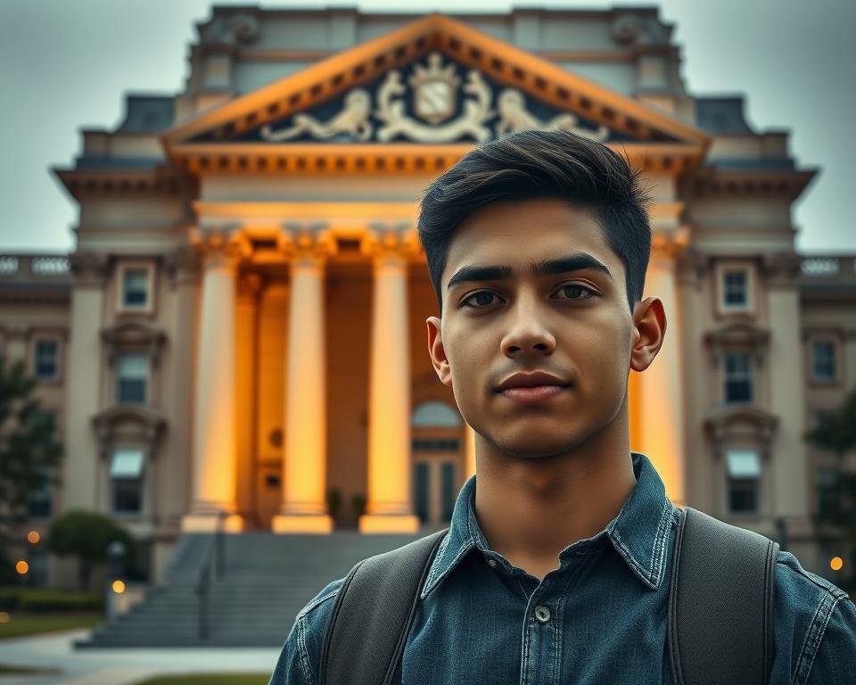 A striking image of a young, determined student standing before an imposing university building, representing the power and prestige of MBA scholarships in the USA. In the foreground, the student's face is illuminated by a warm, focused light, conveying their drive and ambition. In the middle ground, the ornate facade of the building, with its stately columns and intricate architectural details, symbolizes the academic excellence and opportunities afforded by these prestigious programs. In the background, a hazy cityscape suggests the global significance and far-reaching impact of these scholarships, enabling international students to pursue their dreams and make a mark on the world stage.